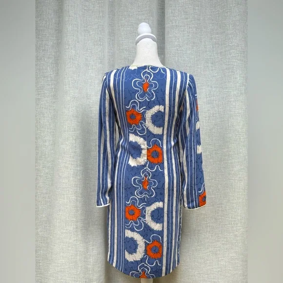 Vintage Long sleeve shift brocade blue orange silk mini dress - Picture 2 of 8